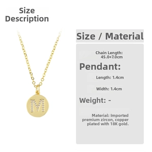Detailed size chart of 18K gold plated necklace with 1.4cm zircon M letter pendant