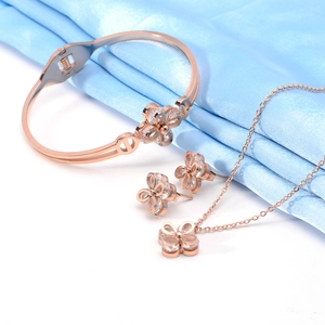 Titanium Steel Flower Necklace Earrings Bracelet Rose Gold Cubic Zirconia Fashion Elegant Jewelry Accessory Women