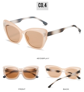 Detailed views of nude cat-eye sunglasses with tea lenses and silver rivet accents
