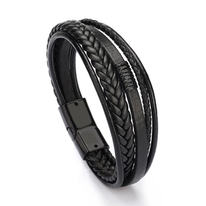 Men's multi-layer black braided leather bracelet with matte magnetic metal clasp