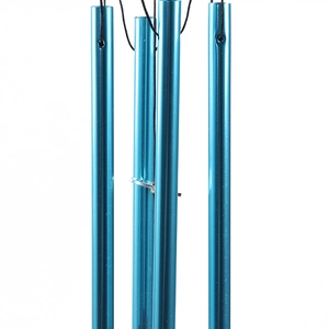 Blue metal wind chime with four resonant tubes and intricate glass painted angel design