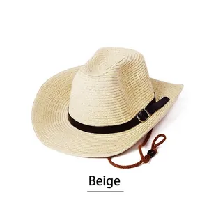 Men's western straw cowboy hat in beige with black leather band and wide sun-shading brim