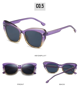 Cat-eye sunglasses with purple gradient frames and gray lenses shown from three angles