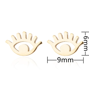 Minimalist gold evil eye stud earrings with hollow design and eyelash details, 9mm x 6mm