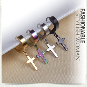 Detailed set of four stainless steel cross hoop earrings in gold, silver, black and rainbow