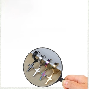 Macro view of four-color stainless steel cross earrings with detailed specifications