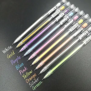 Set of 9 glitter gel pens in vibrant colors with 0.5mm tips on dark textured background