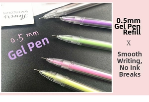 Macro shot of colorful 0.5mm gel pen refills with vibrant needle tip writing display