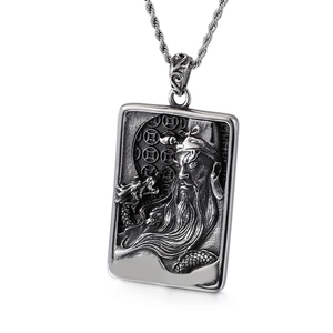 Vintage stainless steel Guan Yu pendant necklace with intricate relief and twist chain