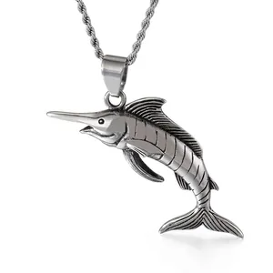 Vintage Swordfish Marlin Pendant 316L Stainless Steel Punk Animal Jewelry For Men
