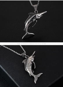 Detailed view of silver stainless steel swordfish pendant with vintage punk style finish