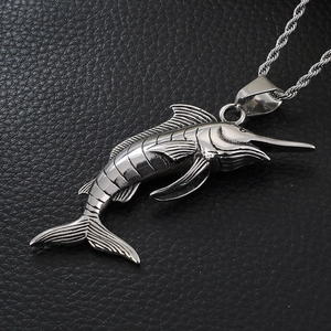 Punk silver stainless steel marlin fish pendant with rope chain on black background