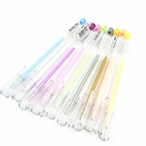 Set of colorful 0.5mm gel pens with transparent barrels and caps on white background