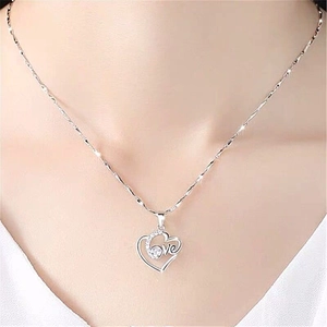 Elegant silver heart necklace with Love engraving and white zircon inlay for women