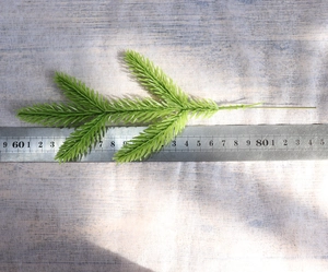 Detail of a 25cm artificial green pine branch shown against a ruler for size scale