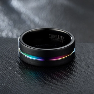 8mm black matte tungsten ring with rainbow grooved inlay for men's fashion jewelry