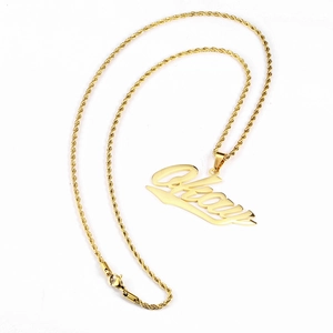 Hip hop style gold Okay pendant necklace with twisted rope chain in polished titanium steel