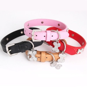 Pet bone collar set with rhinestones in pink, black, red, and brown colors