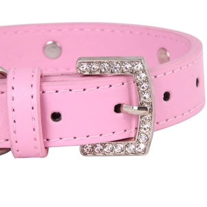 Pink rhinestone dog collar with bone-shaped buckle made of faux leather and crystals