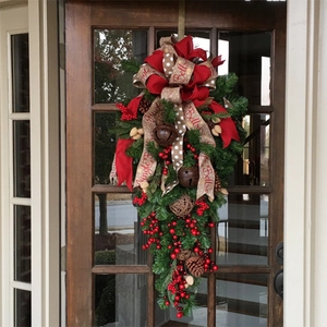 Artificial Christmas Teardrop Swag Wreath Pine Needles Red Berries Pine Cone Metal Bell Ribbon Bow Door Wall Hanging Decor