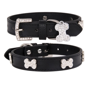 Pet Collar PU Leather Rhinestone Bone Pendant Sparkling Adjustable Fashion Neck Strap For Small Dogs Cats