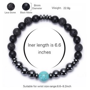 Lava rock and matte black beaded bracelet with turquoise stone and 8mm beads