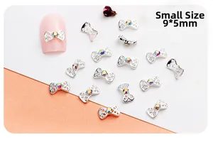 Silver hollow bow nail charm with rhinestone, small size 9x5mm for DIY nail art