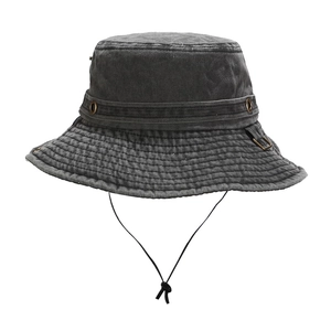 Washed dark grey denim bucket hat with metal eyelets and adjustable chin cord