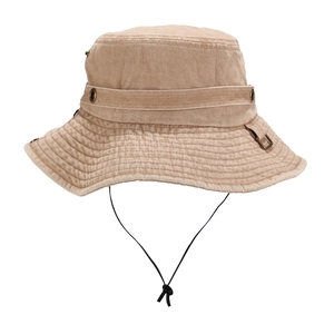 Detail of khaki bucket hat with metal eyelets, reinforced stitching and adjustable drawstring