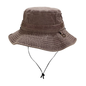 Detail of washed canvas sun hat with metal eyelets and adjustable windproof drawstring