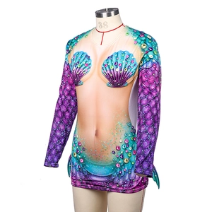 Detail of 3D shell and scale print on a long-sleeve mermaid theme cosplay shirt
