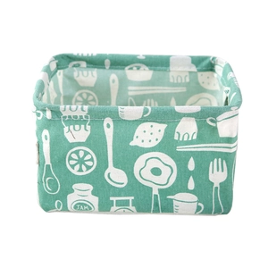 Mint green cotton linen storage basket with handles and kitchen theme print