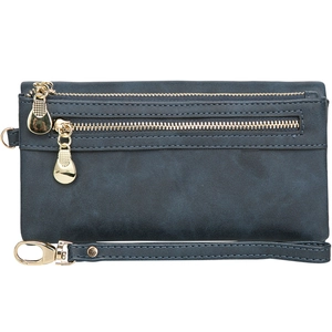 Navy blue vintage long wallet for women with double zippers and detachable wrist strap
