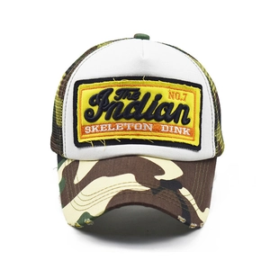 Vintage trucker hat featuring jungle camo mesh, embroidery, and distressed brim details