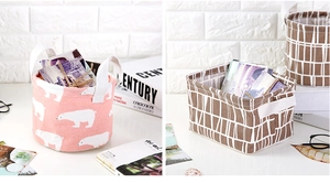 Mini printed cotton linen storage baskets with handles in pink polar bear and brown plaid