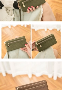 Detail of vintage army green and brown PU leather long wallets with gold double zippers