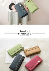 Detailed still life view of multi-color long leather zip wallets for women with matte finish