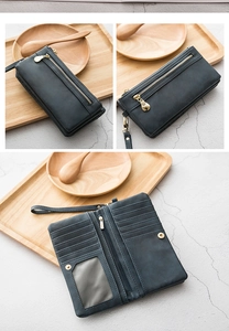 Detail view of dark blue long wallet with card slots, coin pocket and wrist strap