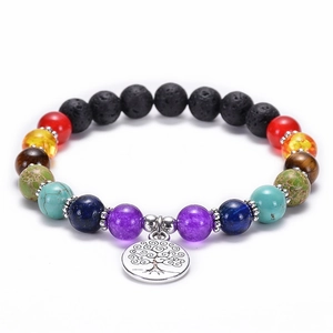 Detailed view of Tree of Life silver charm on chakra lava stone beaded bracelet