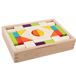 Educational set of 30 large colorful wooden building blocks in a storage tray for toddlers