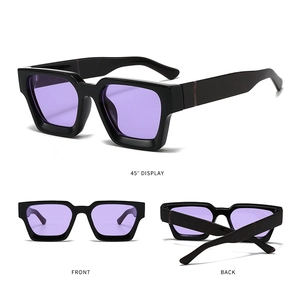 Detailed multi-angle views of chunky black square sunglasses with purple tinted lenses