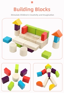 Detailed view of colorful wooden building blocks shaped like furniture and figures