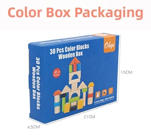 Blue box packaging for 30 piece wooden building blocks set measuring 21x15x4.5cm