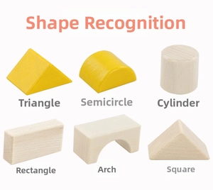 Macro view of six diverse geometric wooden blocks in natural and yellow finish for learning