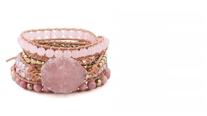 Detail of multi-layer wrap bracelet featuring natural rose quartz and leather cord