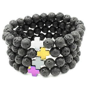 Three-piece layered black volcanic lava stone bead bracelets with colorful metal crosses