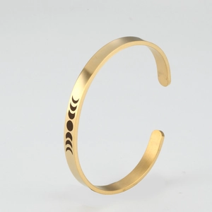 Minimalist 6mm gold C-shaped open cuff bracelet with engraved moon phase pattern