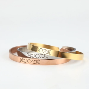 Minimalist 6mm C-shaped stainless steel moon phase open bangles in gold silver and rose gold