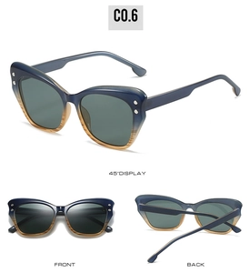 Detailed views of cat-eye sunglasses with blue-amber gradient frames and metal rivets