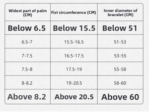 Size chart for three-tone bangle showing palm width and inner diameter measurements